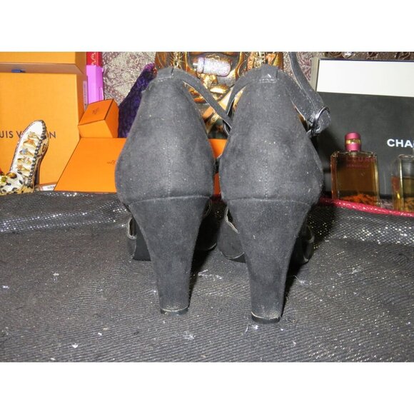 Arizona Jean Company Galloway Black Scallop Suede Open Toe Heels sz 8 - Picture 3 of 11